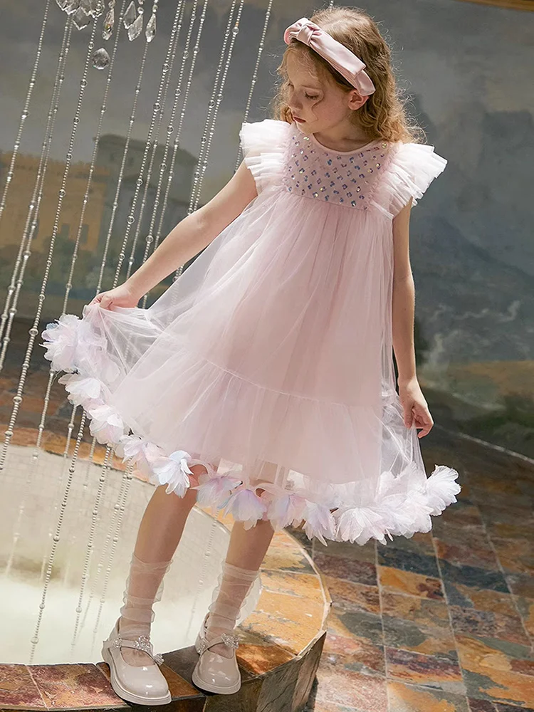 Baby Girls Dresses Gauze Sequins Pink Princess Wedding Clothing Summer 3T 12T Kids Wear Cute Children Party Bridemaid Clothes