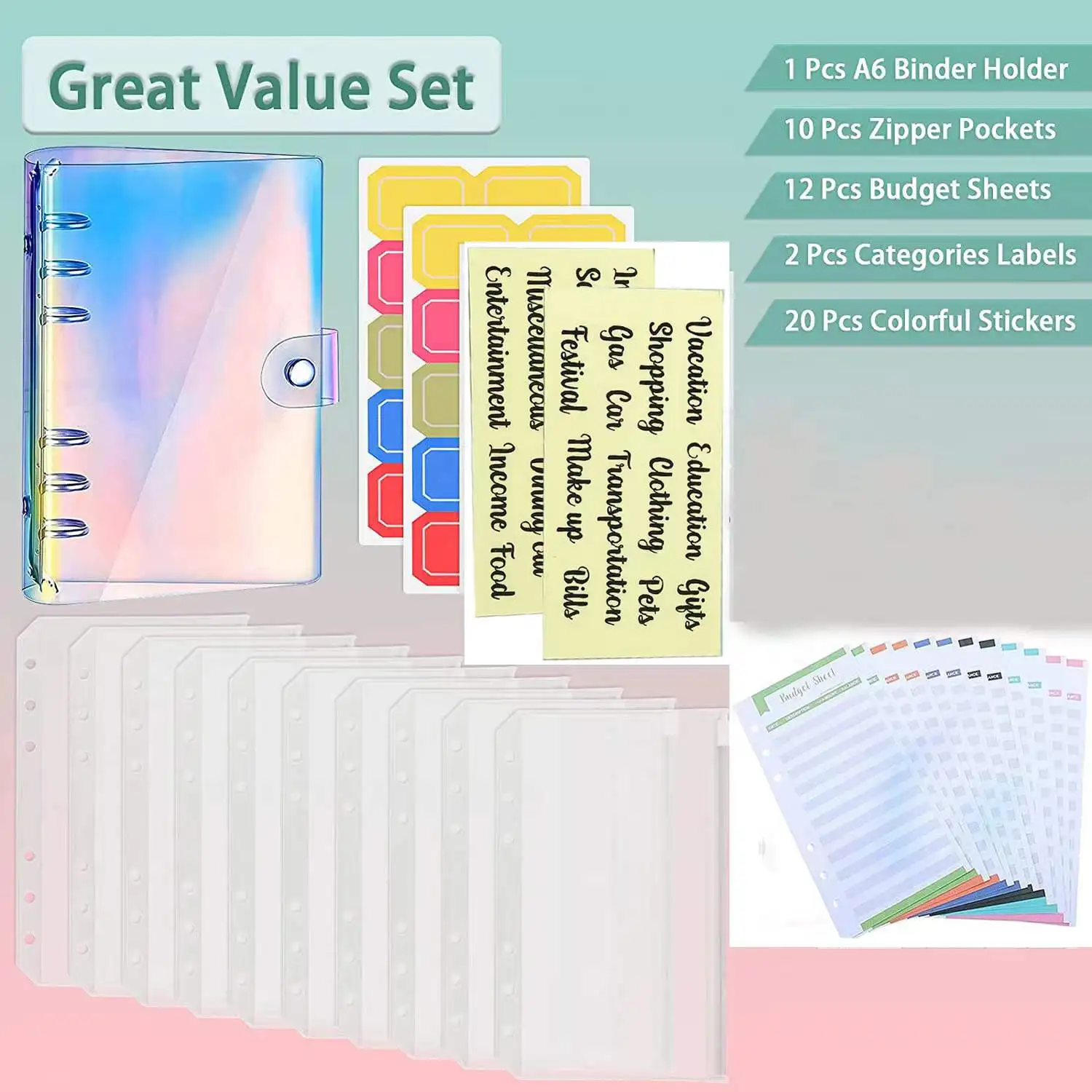 A6 Budget Binder Waterproof Cash Envelopes Notebook Organizer System with 10 Zipper Pockets,12 Budget Sheet and Label Stickers