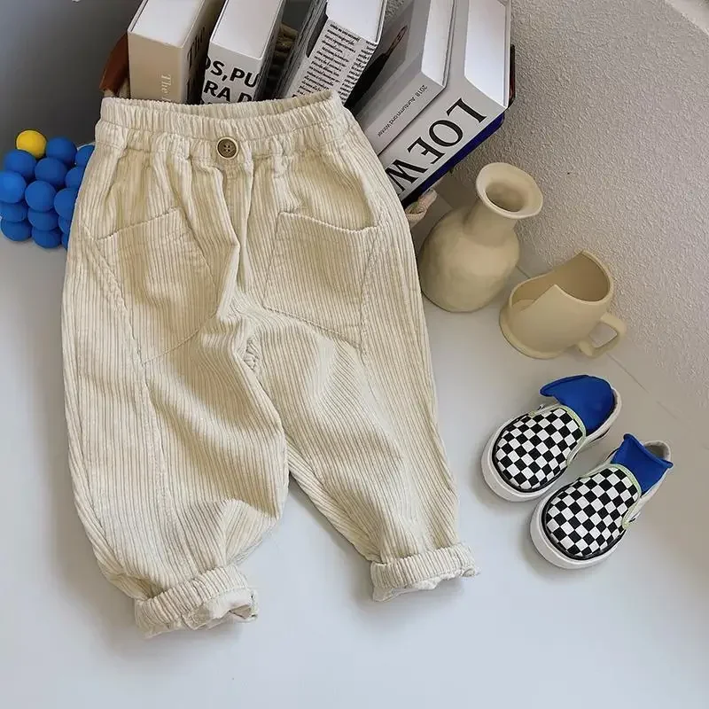 Retro Children's Warm Corduroy Trousers Spring Autumn New Korean Boys And Girls Casual Loose Pockets Cotton Pants