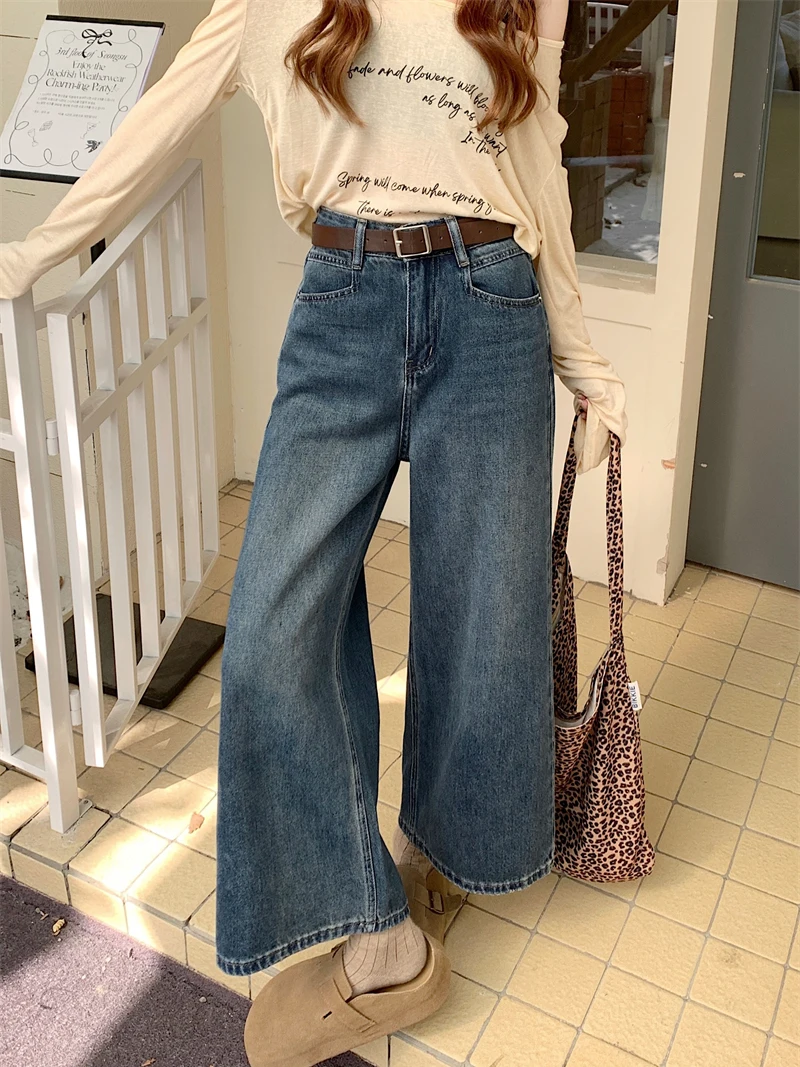 

Retro Distressed Slimming Versatile High Waist Wide Leg Blue Jeans Women's Spring Casual Style Nine Point Pants