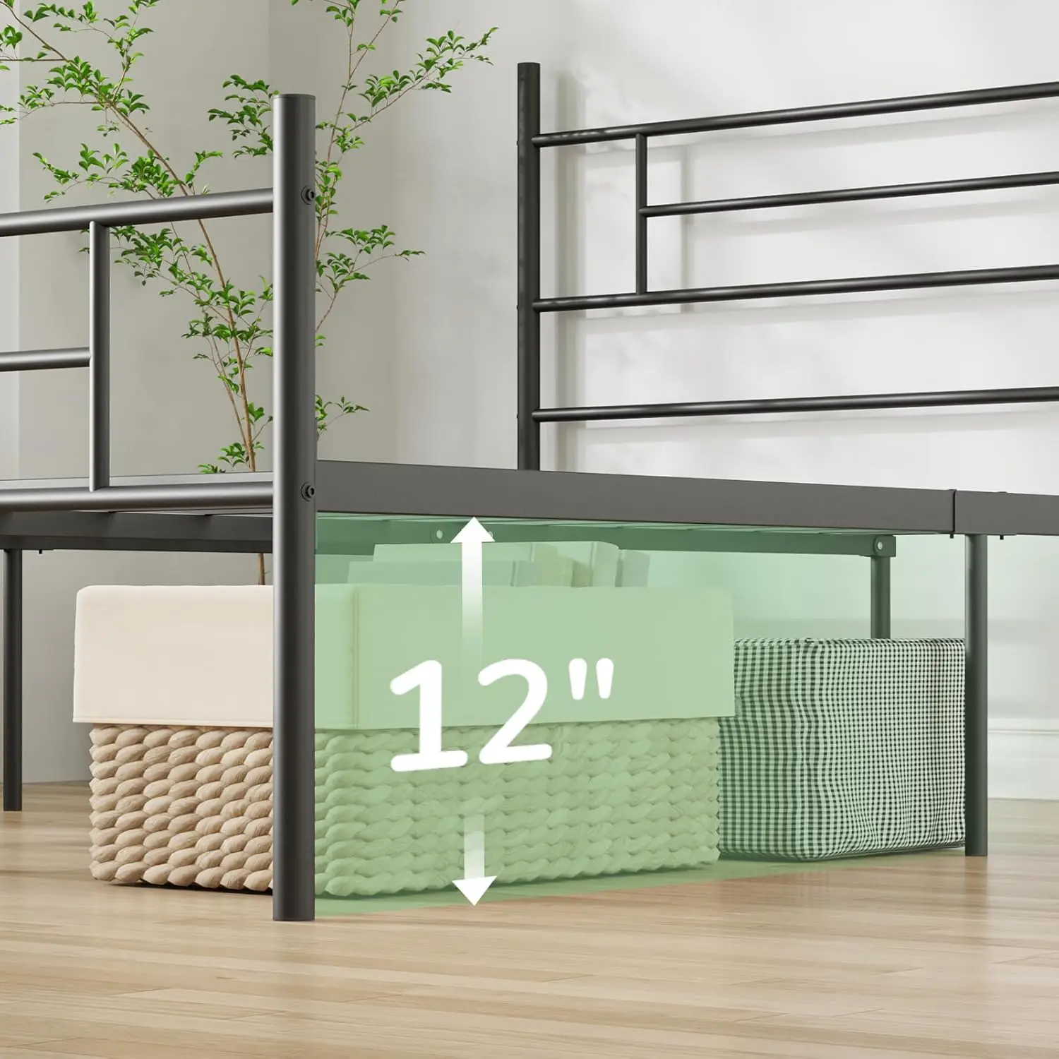 Metal Full Size Bed Frame, Headboard, Footboard, 14' Platform, Storage, No Box Spring, Strong Metal Slats