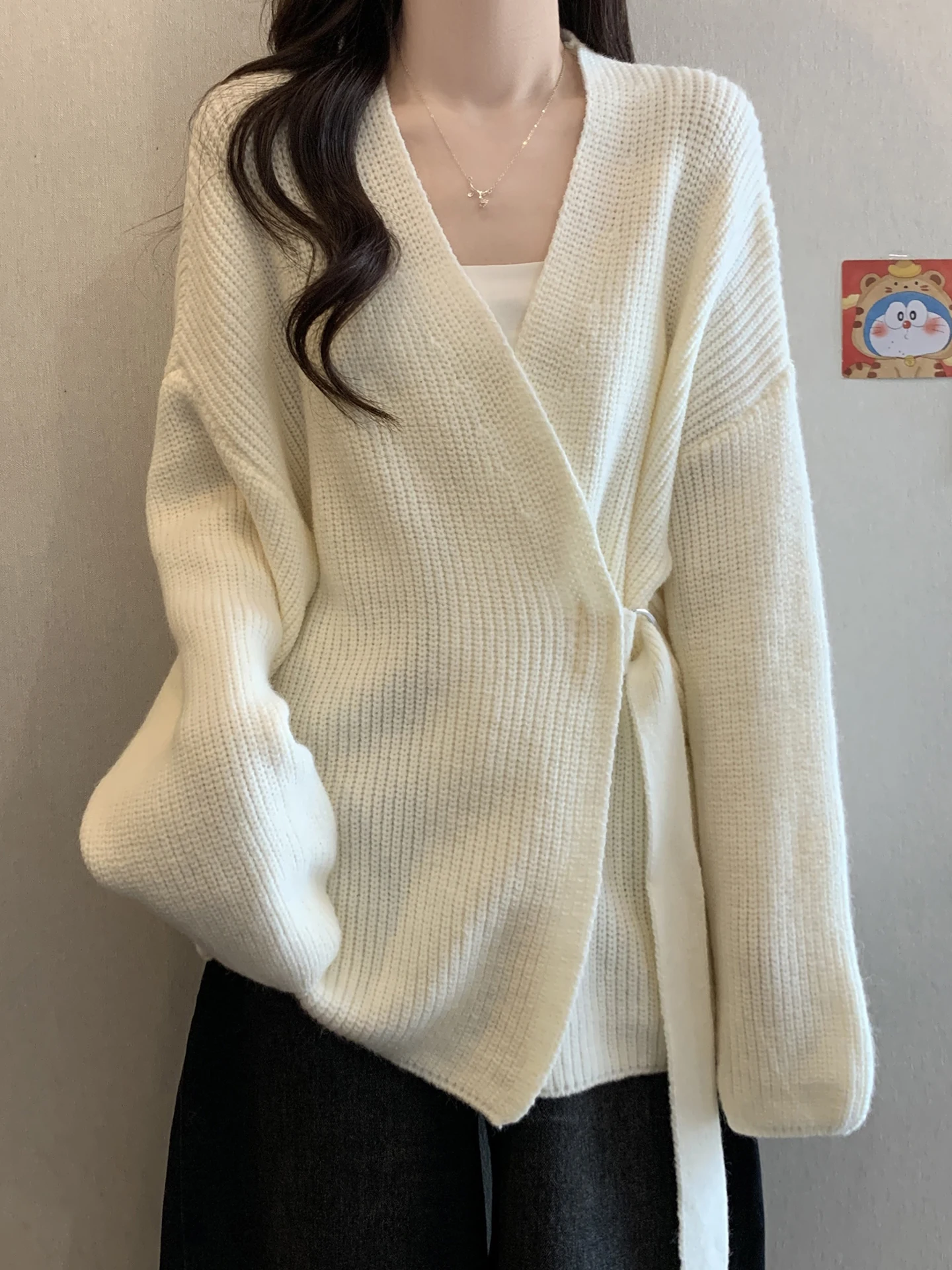 

Ele V-ne Knitted Open Cardigan Women's plus Size Loose Long Sweater Jaet Autumn Winter Button Sle Comfortable Outer...