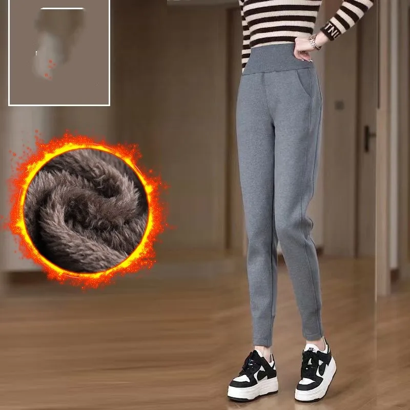 Women's Autumn Winter Drawstring Pockets Flocking Elastic High Waist Solid Casual Sports Haren Loose Trousers Fashion Pants