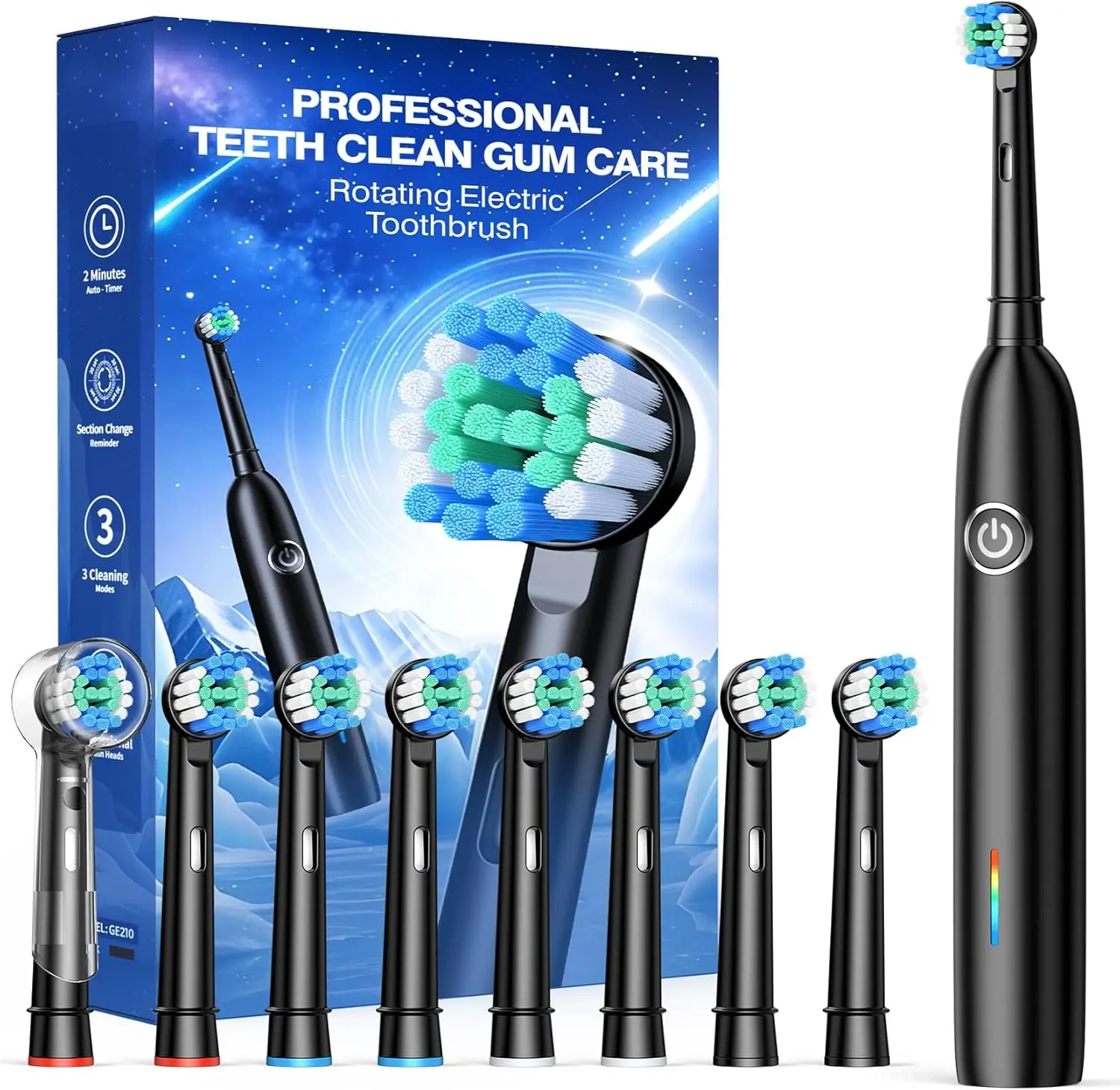 

Rechargeable Electric Toothbrush with 8 Heads, 3 Modes & Smart Timer for Adults and Kids, 45-Day Battery