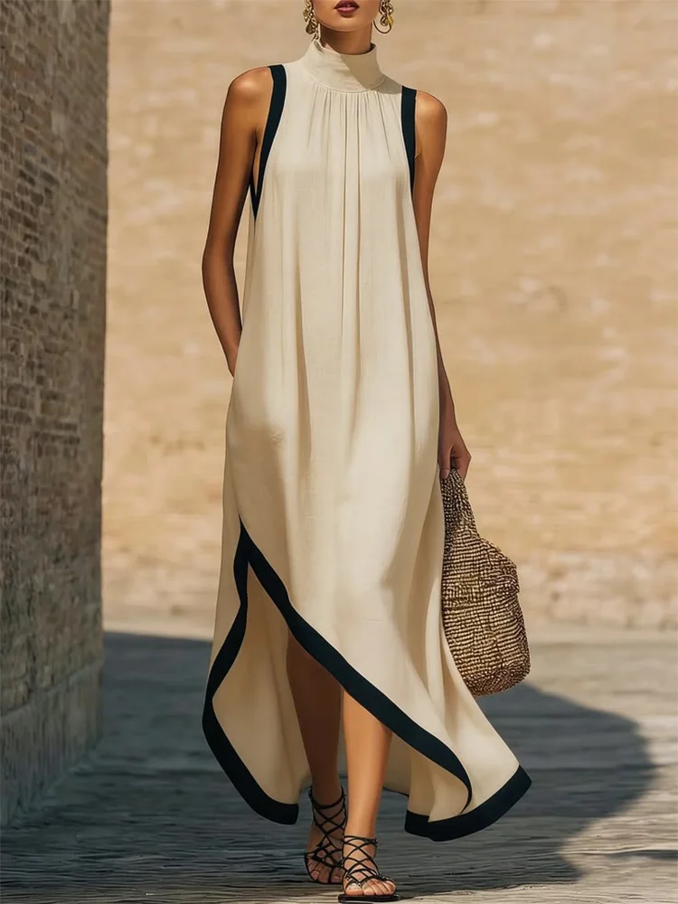 

Women's Halter Neck Maxi Dress Sleeveless Asymmetrical Hem Loose Fit Casual Daily Vacation with Pockets Dress