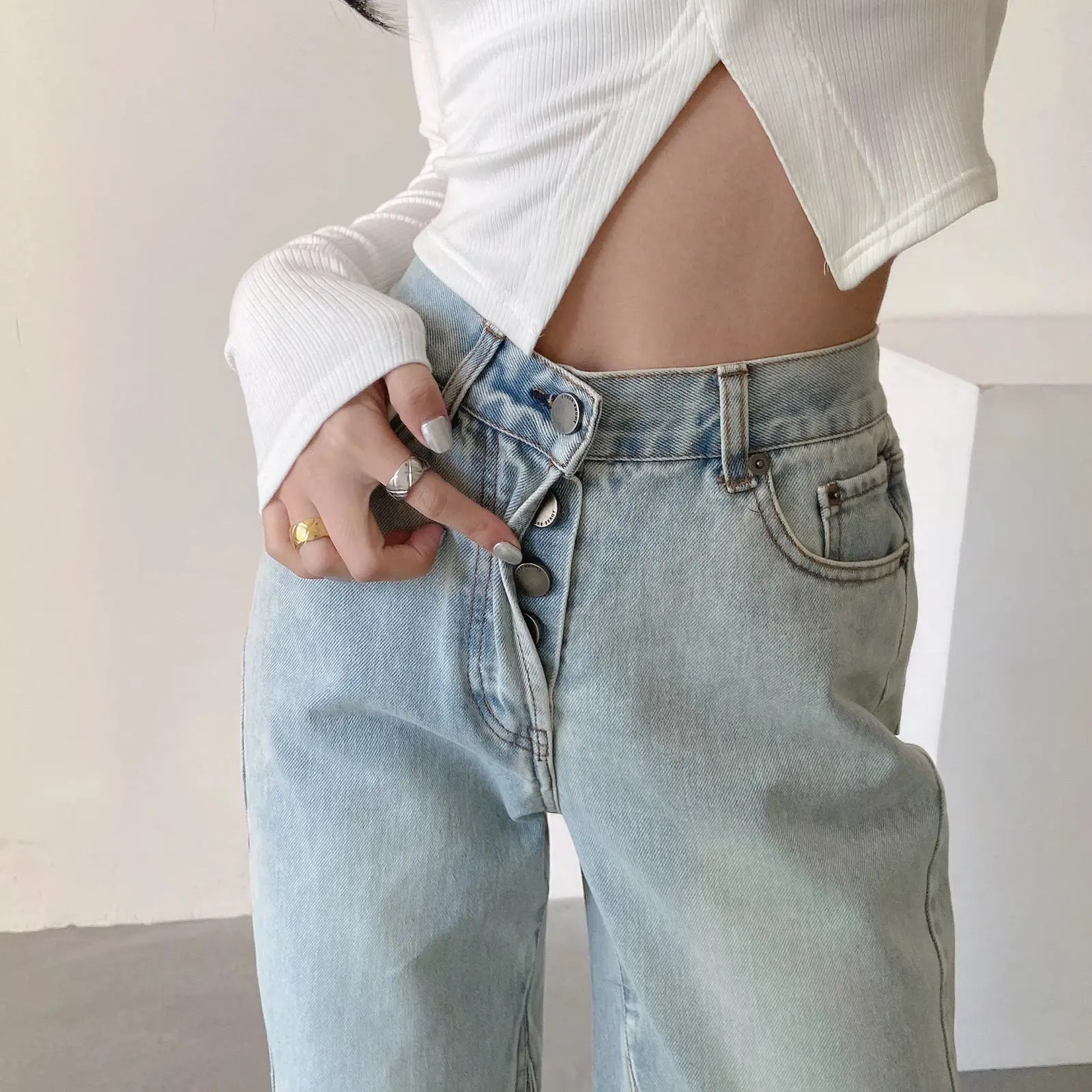 

Spring New Women's Stitching Multi-Button Jeans Washed Light Blue Loose Trousers