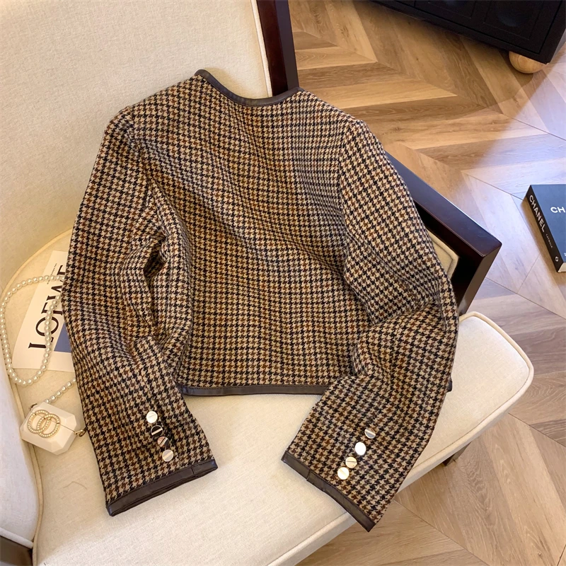 Chaqueta de Cuero PU con Bloques de Color a Cuadros de Moda Otoñal, Ropa Exterior para Mujer, Csa E con Estilo de G...
