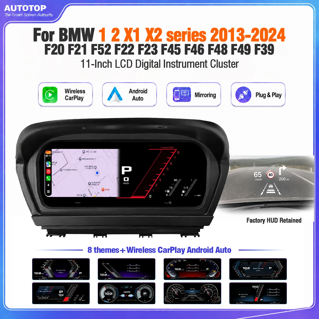 AUTOTOP 11 inch Virtual Cockpit Digital Speedometer for BMW 1 2 X1 X2 Series F20 F21 F52 F22 F23 F45 F46 F48 F49 F39 2013-2024 NBT EVO,Wireless CarPlay Android Auto,Factory HUD Retained,ACC LIM