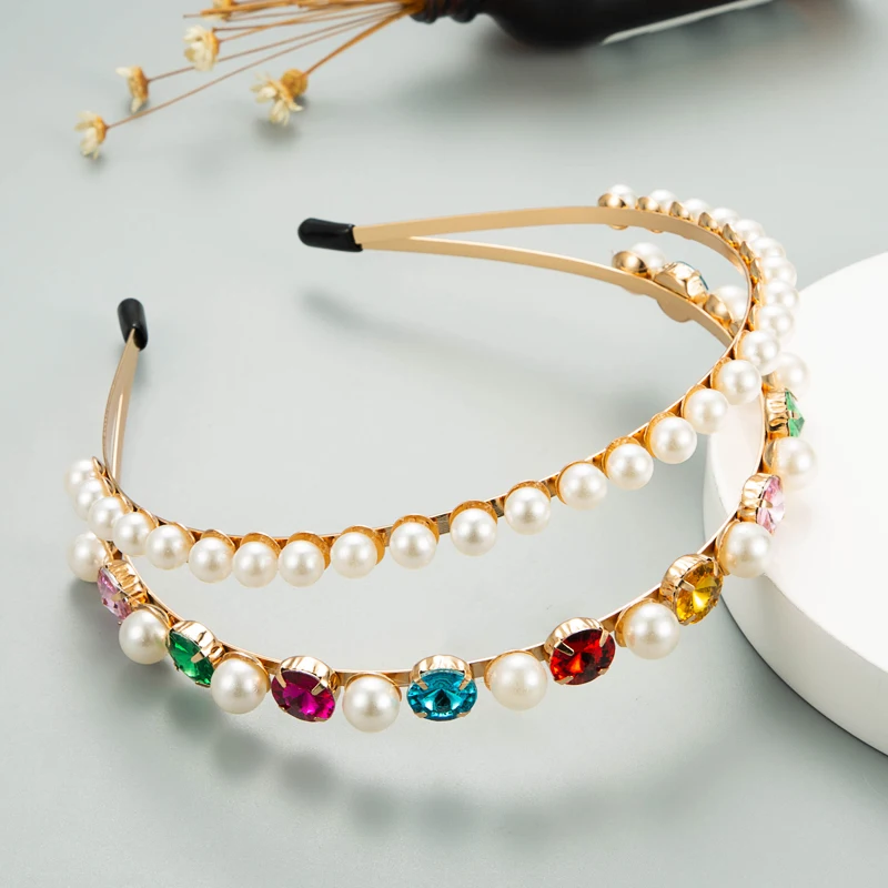 European and American Fashion Trend Double-layer Metal Hair Hoop, Korean Version Pearl Inlaid Rhinestone Super Flash Headband