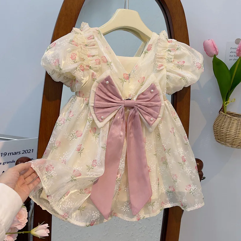 

Girls' Short-Sleeved Dress Summer2024Western Style Little Girl Bow Floral Skirt Children's Fashionable Princess Dress