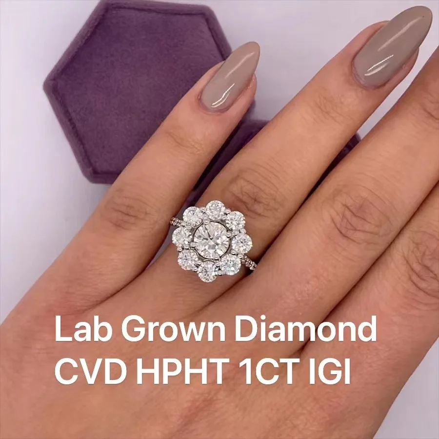 

14K White Gold Round Cut DEF VS-VVS Lab Grown Diamond Engagement Ring 1 Carat CVD HPHT Engagement Ring Halo Rings IGI