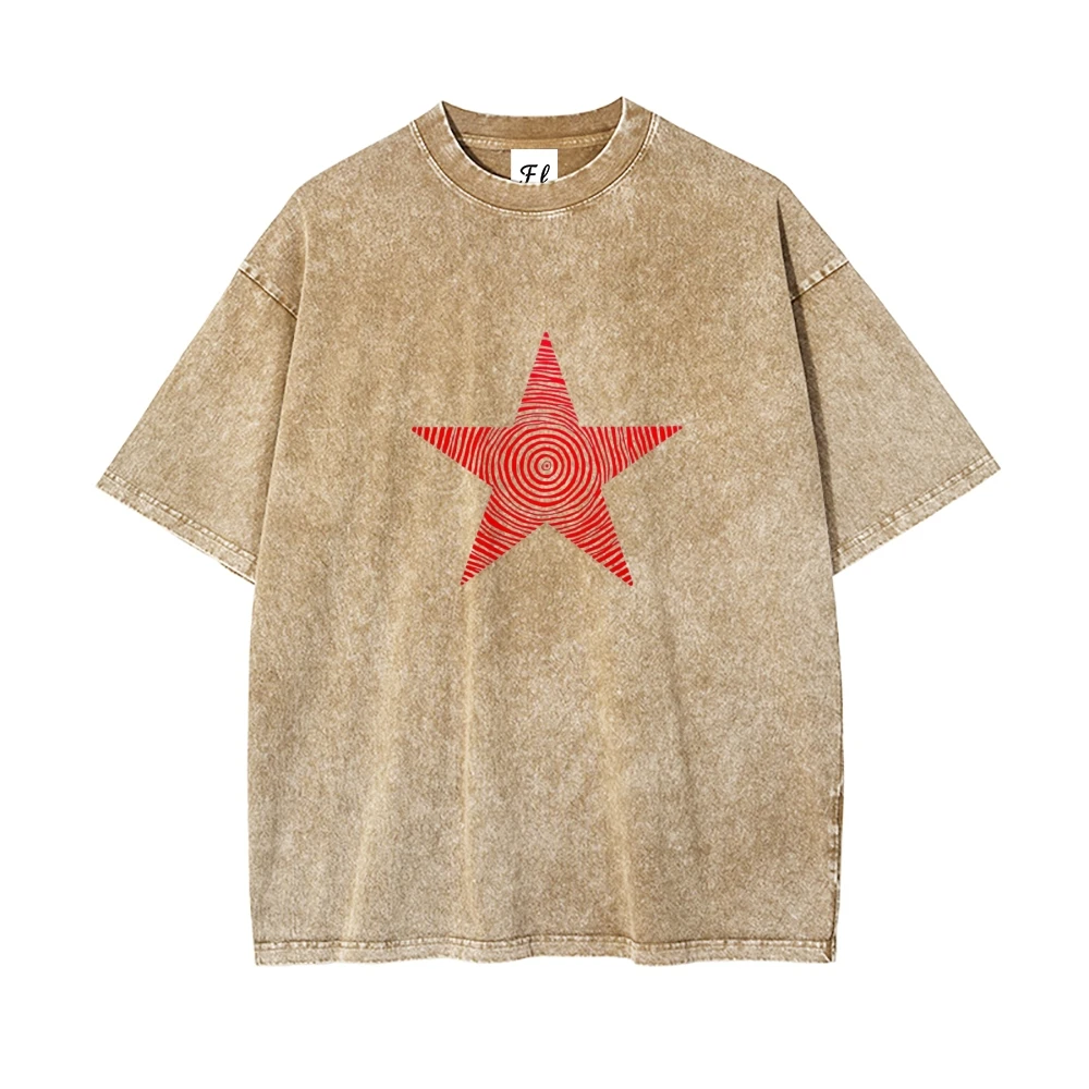 Damen- und Herren-Sommertrendartikel, Vintage-T-Shirt in gewaschenem Schwarz, klassisches rotes Fünfzack-Sternmuster, trendige, lockere Passform