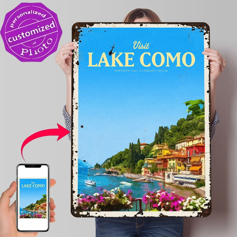 Visit Lake Como 3D Texture Printed Poster Customized Wall Art Vintage Metal Tin Signs for Desk Decor Room Bedroom Decoration