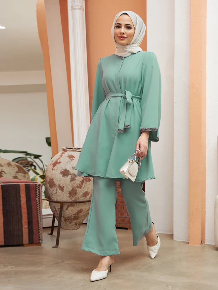 Women Spanish Leg Tunic Pants Suit New Season Muslim Set Islamic Combination Belt Sleeves with Stones and Buttons Hidden Pat