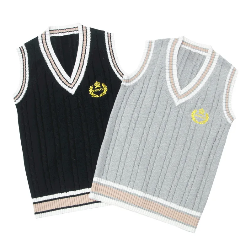 

2024 New Women College English London School JK Uniform Sweater Vest Student Embroidered Crown V-neck Knitting Waistcoat