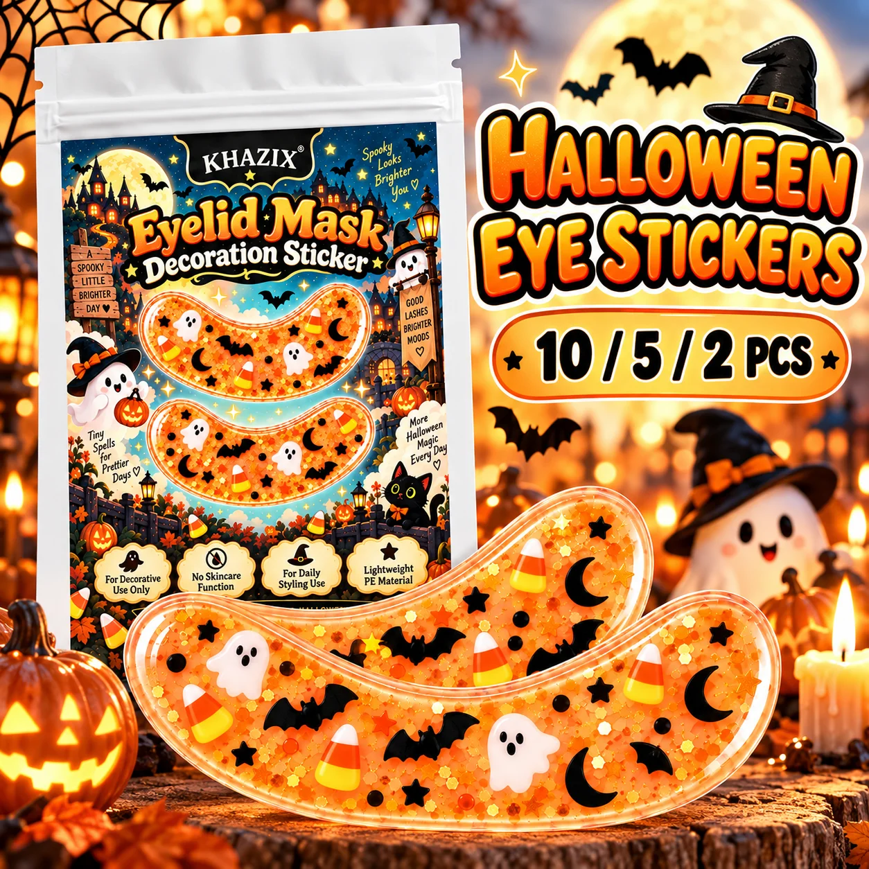 10/5/2 Pairs Orange Halloween Under-Eye Stickers, Ghost, Bat & Candy Corn Decorative Eye Patches for Costume Makeup & Parties