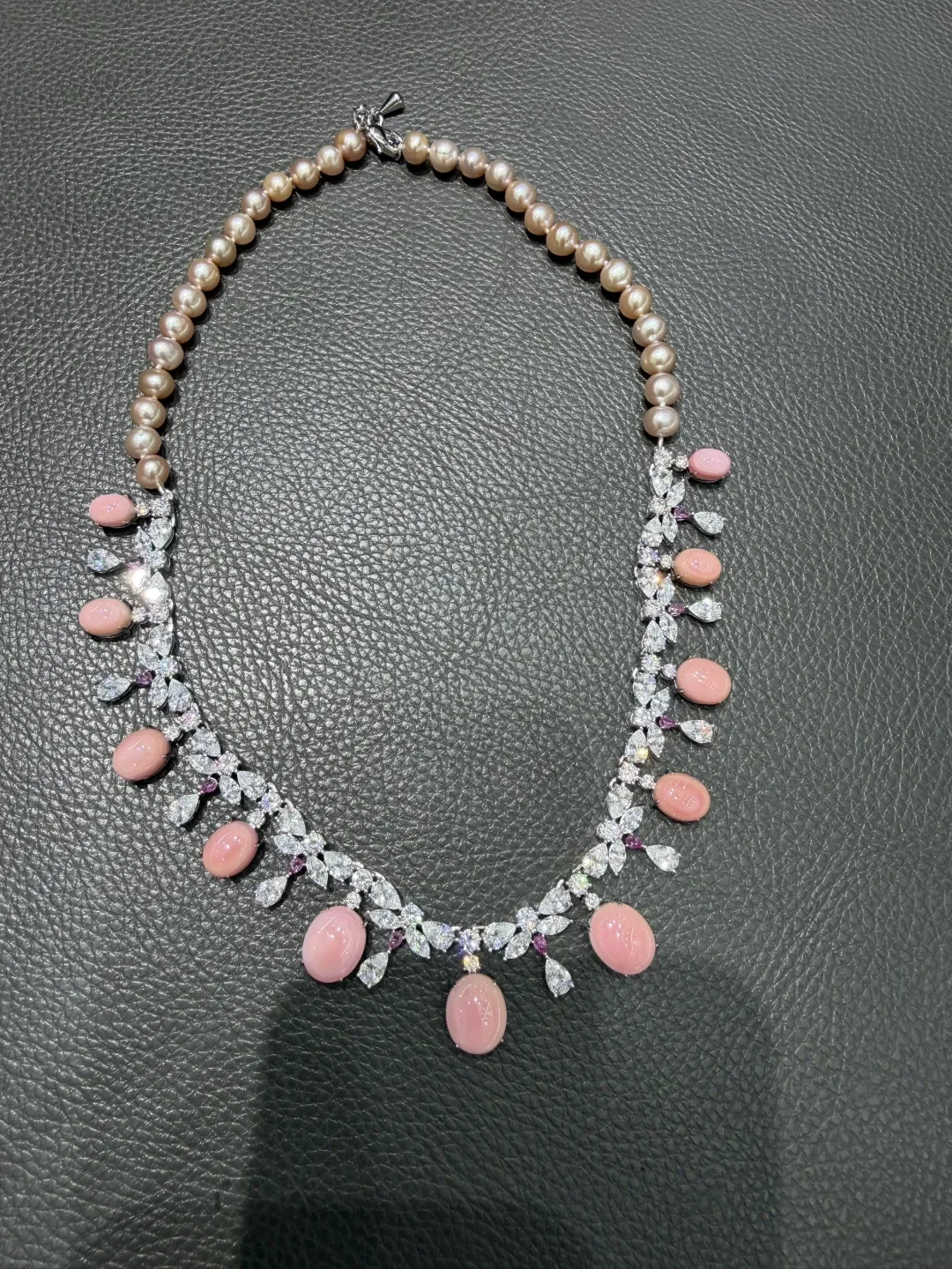 pink color natural sea shell and fresh water pearl necklace copper with cubic zircon 43CM accept order any length fashion