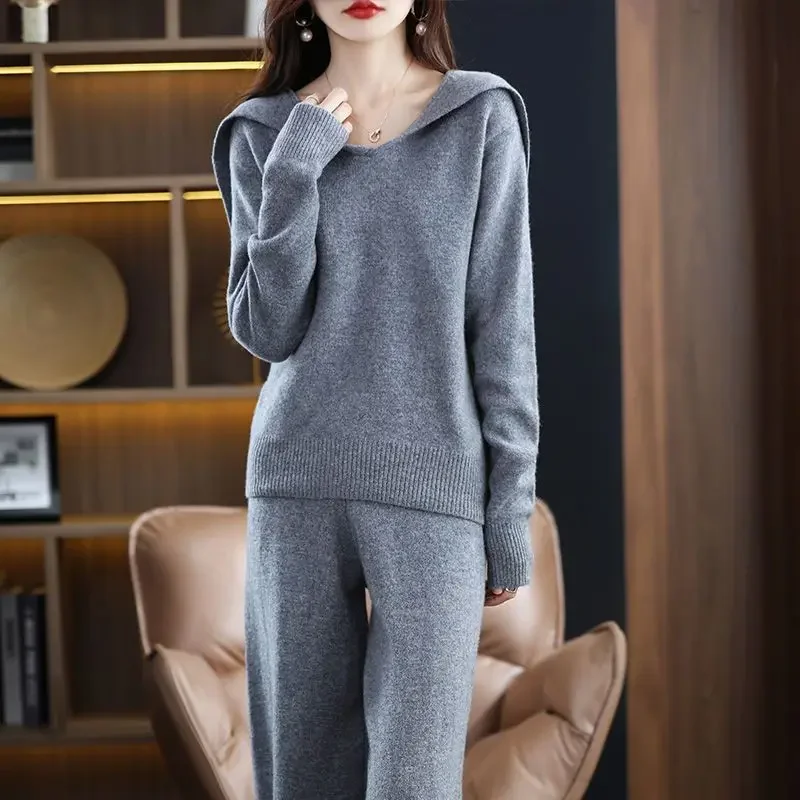 2024 Autumn and Winter Wool Blend New Knitwear Suit Lapel Two-Piece Sweater Shawl Classic Style Wide Leg Pants Sets N95