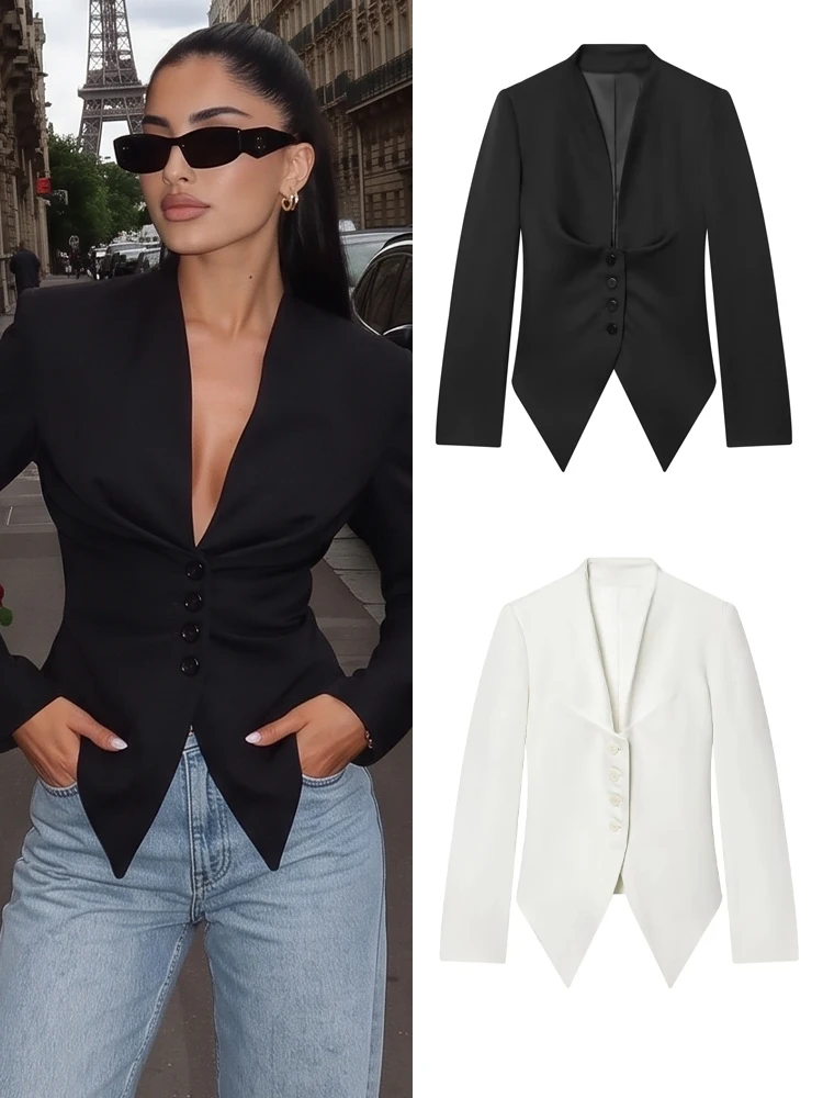 HH Women Vintage Tailored Waist Blazer V-Neck Long Sleeve Tie Single Breasted Solid Jacket 2026 Autumn Lady Formal Office Wear