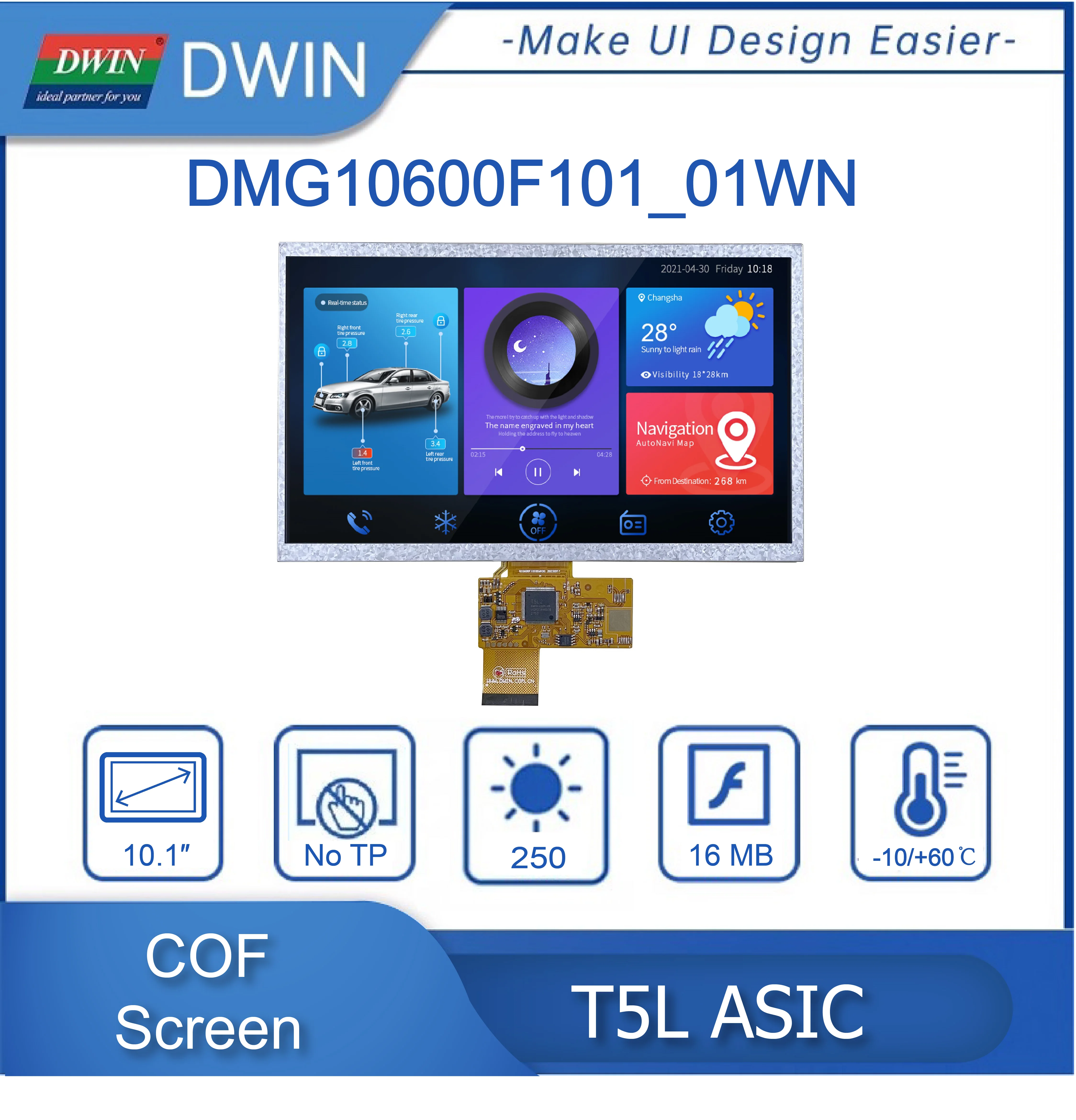 DWIN – Structure COF 10.1 pouces, résolution 1024*600 Pixels, 16.7M couleurs, IPS-TFT-LCD