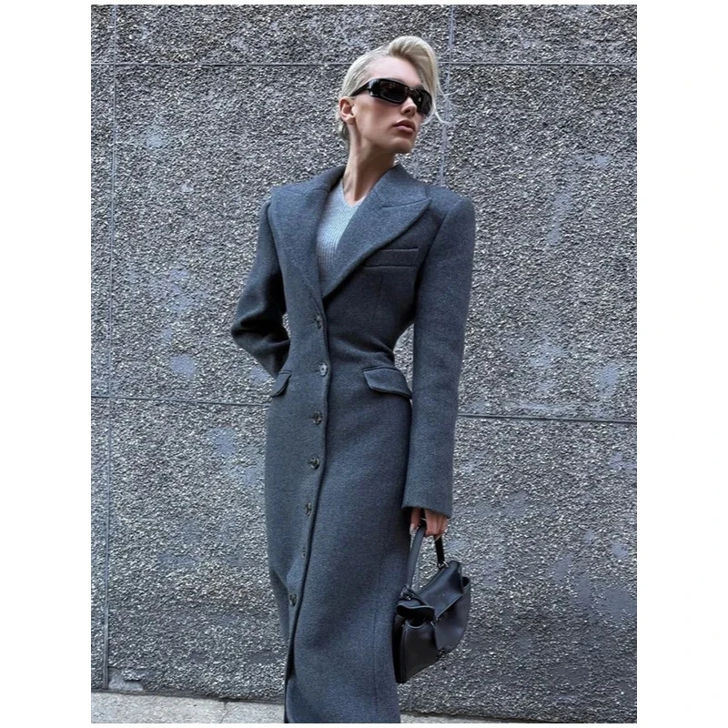 Spring New Sle Long Pure Color Slim Fit Single Button Notch Collar Coat Women's Woolen Outerwear Ele Classic Length