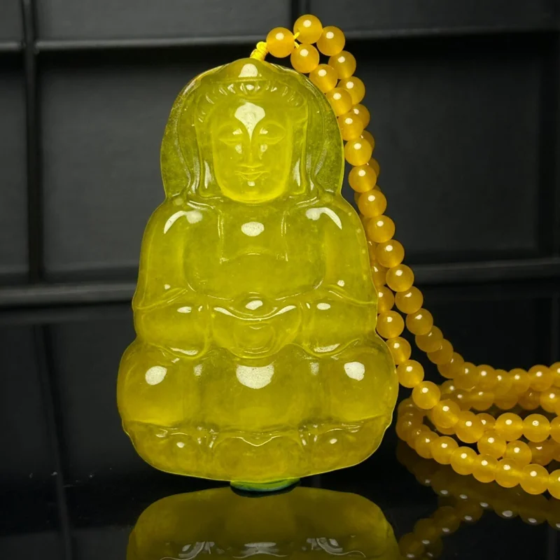 

Certified Natural Ice yellow jade Jadeite Carved Guanyin Pendant&Necklaces Guanyin