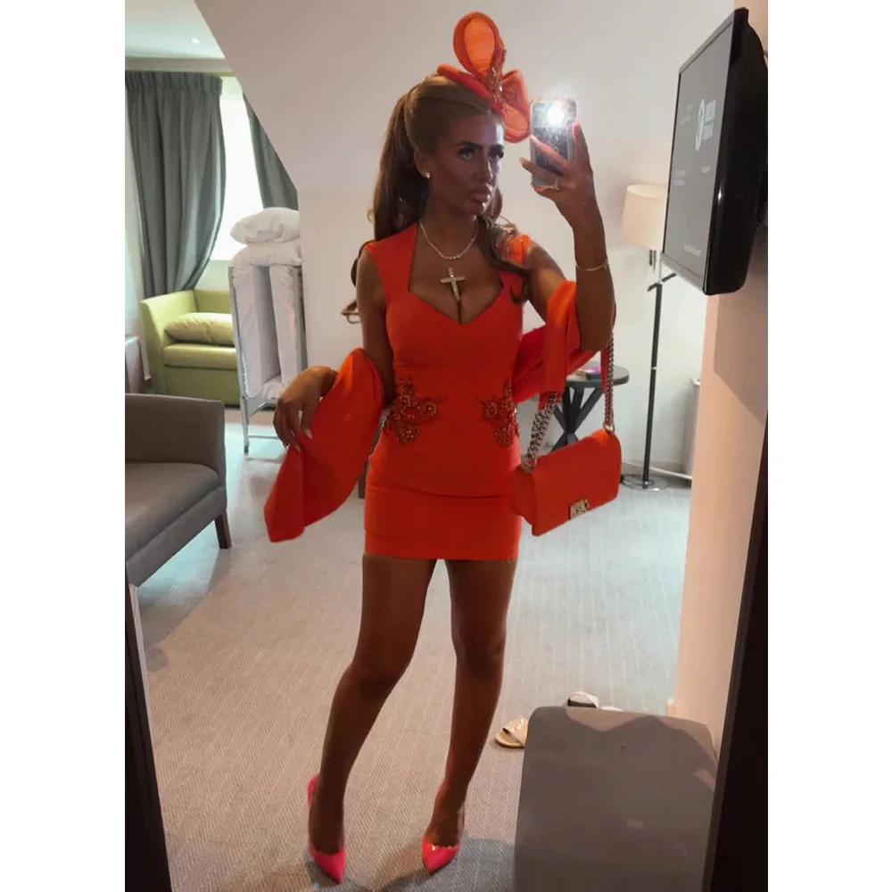 Customized Orange Red Cocktail Dress Mini V Neck Sheath Sexy Cocktail Gowns Short Detachable Shawl Applique Modern Party Dresses