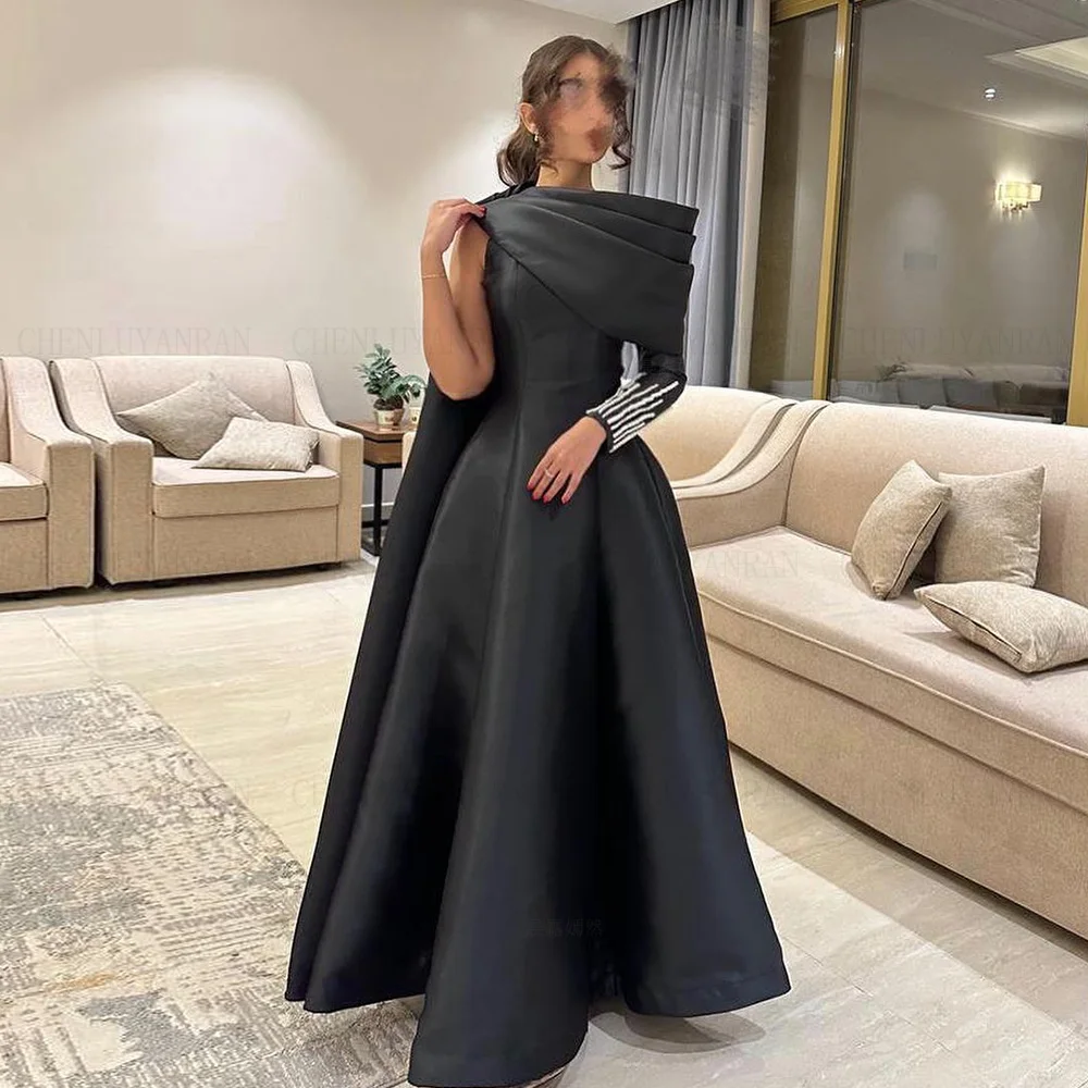 Long Satin Formal Occasion Dresses 2024 O-Neck A-line Elegant Ball Gowns Bead Pearls Simple Evening Party Gowns فساتين الحفلات