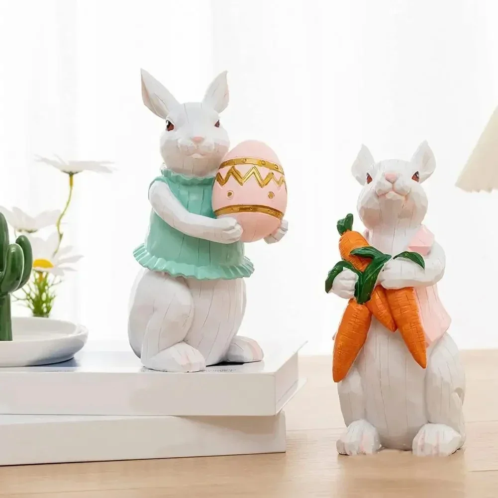 

Bunny Ornament Easter Bunny Resin Figurine White Rabbit Holding Egg/carrot Ornament Spring Holiday Home Decor Cartoon Model