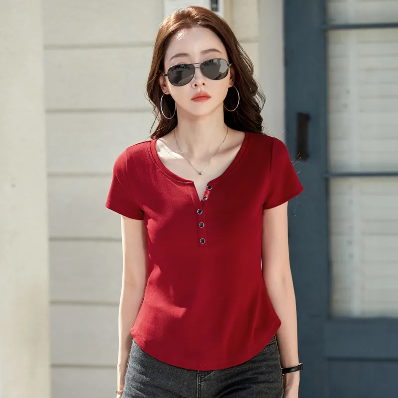 # 0433 Sommer T-Shirt Damen Kurzarm Slim V-Ausschnitt Knöpfe Sexy Kurzes Oberteil Stretch-Baumwolle Sexy Koreanischer Stil Damen T-Shirts