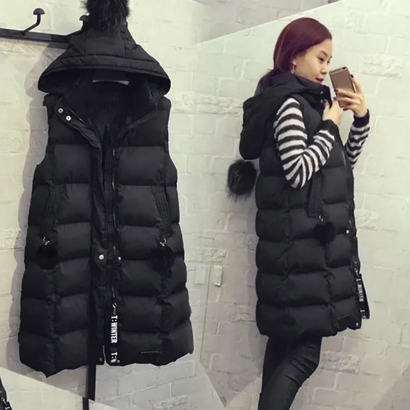 Autumn Winter women long parkas vest warm black zipper hooded cotton vest ladies sleeveless waistcoat jacket