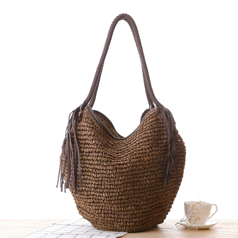 Bolsas de palha tecidas borla para mulheres, bolsa de ombro lrage, vime de viagem, sacola, grande, bola, comprador, bolsa, bolsas, praia, novo, 2021, 2024