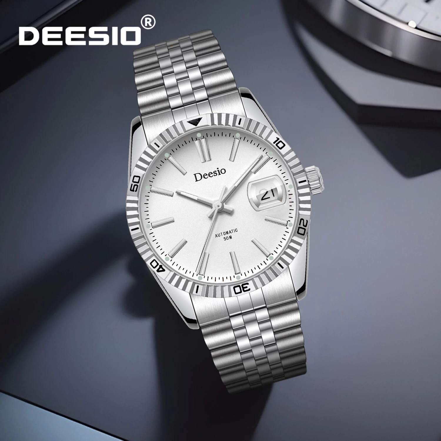 Deesio relógio mecânico automático masculino de luxo 50m à prova d'água vestido de negócios caixa de aço inoxidável luminoso presente perfeito para ele