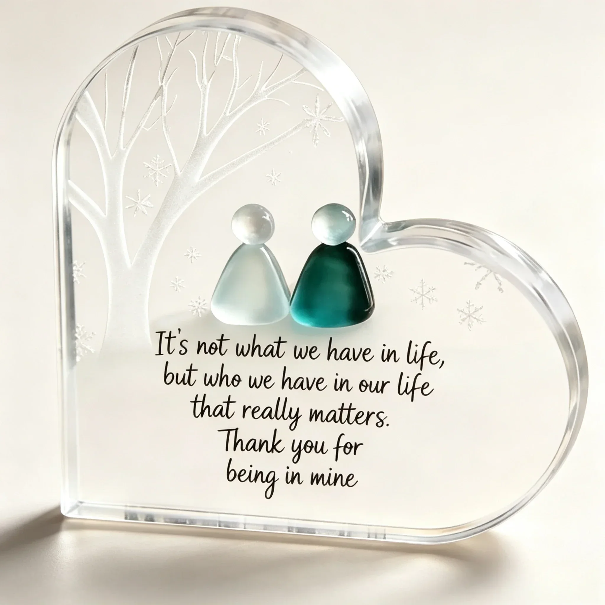 Heart Acrylic Plaque With Pebble Figures Engraved Winter Tree Snowflake Thank You Friend Desktop Gift