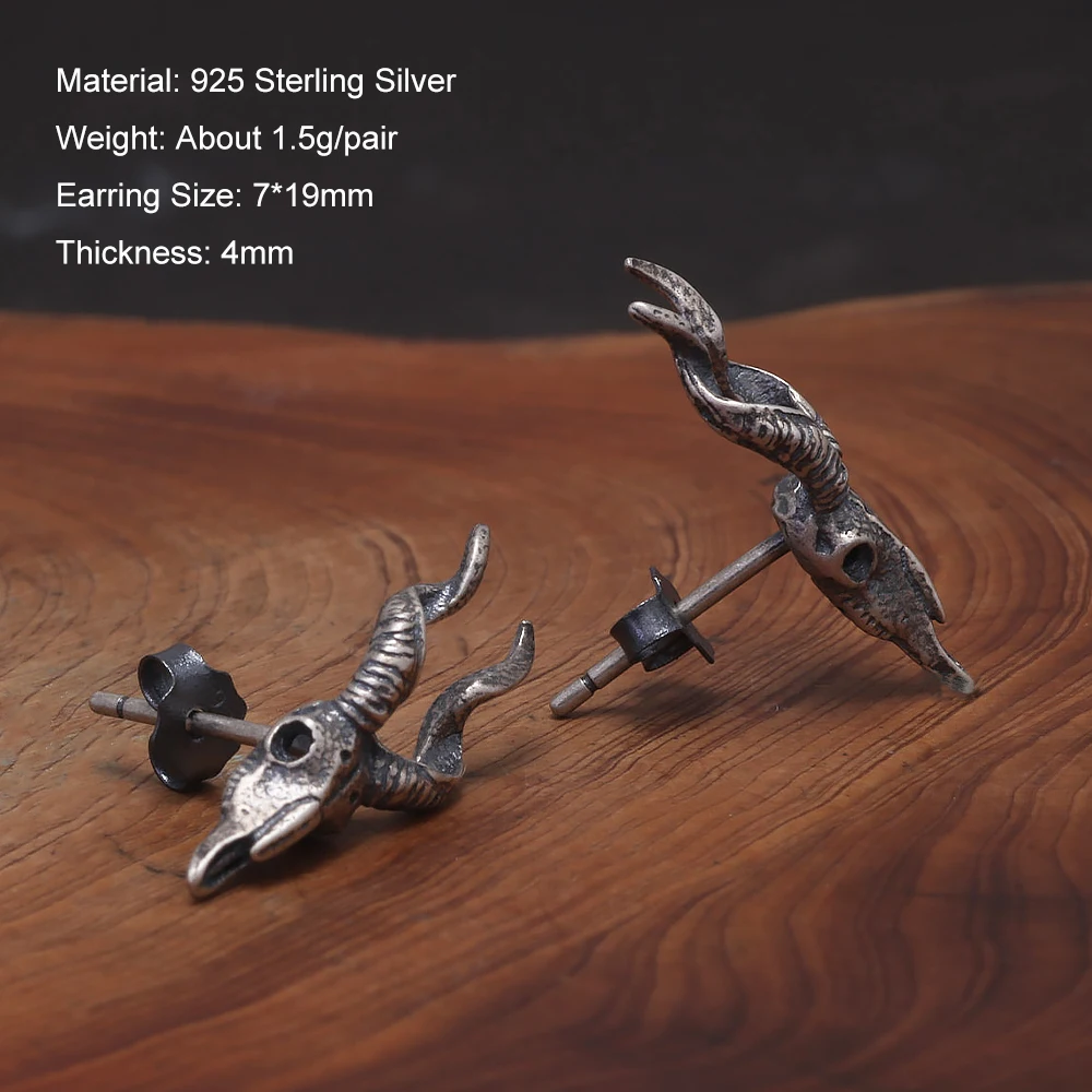 Solid 925 Thai Silver Punk Sheep Head Stud Earrings Sterling Silver Female Male Small Earring Gothic Vintage Jewelry New Arrival