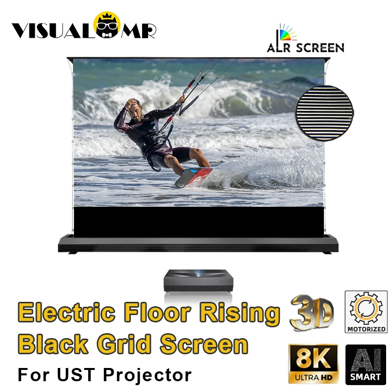 Pared eléctrica ascendente ALR rejilla negra pantalla de proyección UST pestaña tensión motorizada cristal PET 72-120 pulgadas para UST Laser TV 3D 8K