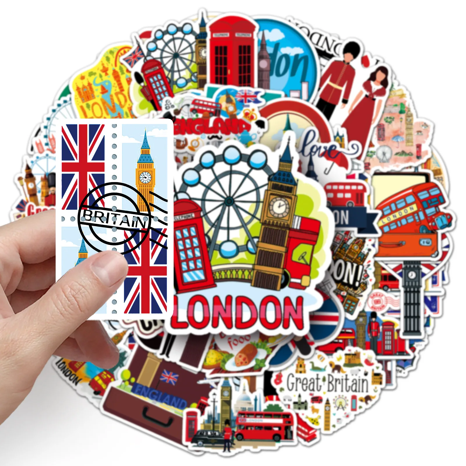 

50 UK cartoon travel check-in outdoor scenery DIY stickers, waterproof decoration on car body, computer decoration