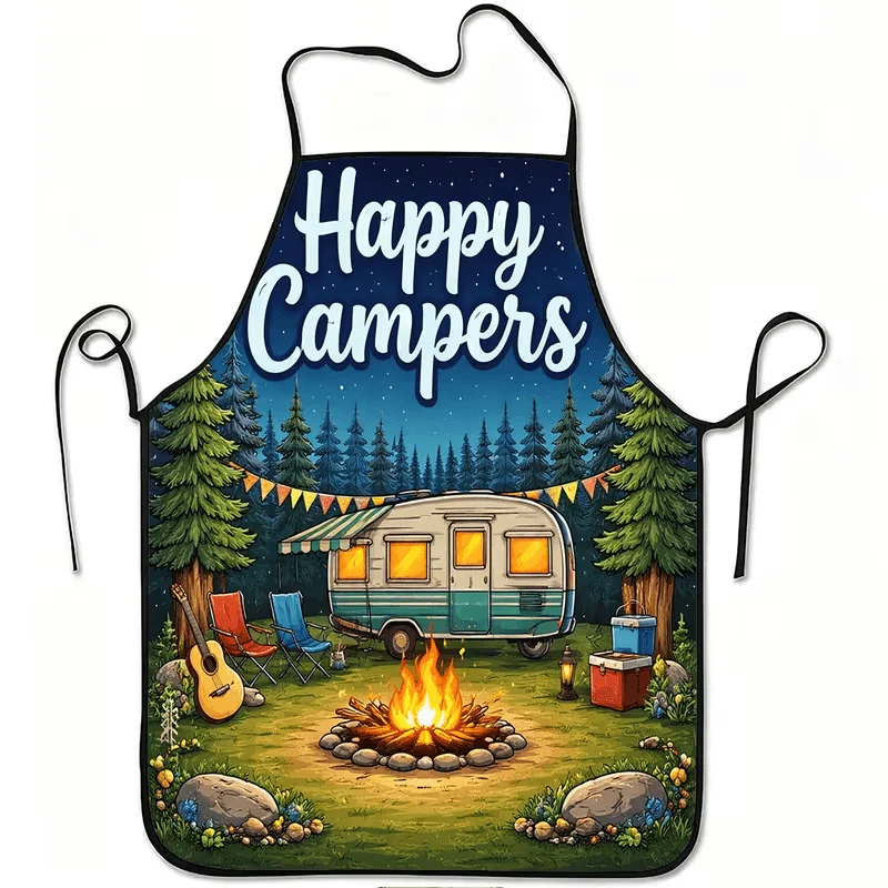 1pc Camping Theme Printed Apron Happy Campers RV Bonfire Forest Pine Tree 2D Flat Printing Pattern Kitchen Apron Unisex Baking C