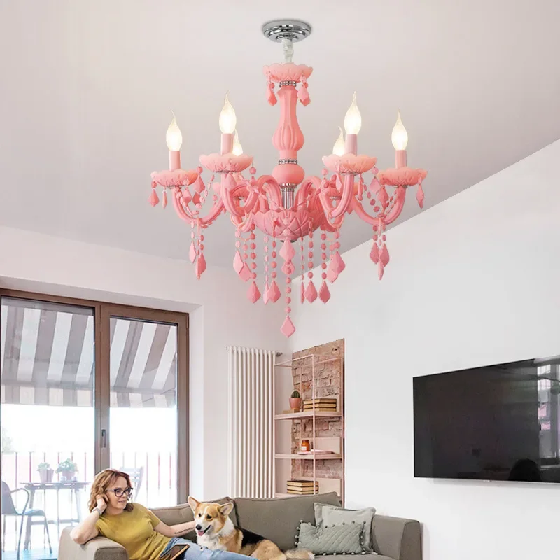 Nordic Crystal Chandelier Pink Macaron Room Decor Lampara Techo Hanging Lighting for Bedroom Children's Living Study Lamp