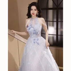 Romantic Blue Evening Dress Elegant 3D Flower Halter V-neck Wedding Party Gown Sleeveless Tassel Beaded Long Graduation Dresses