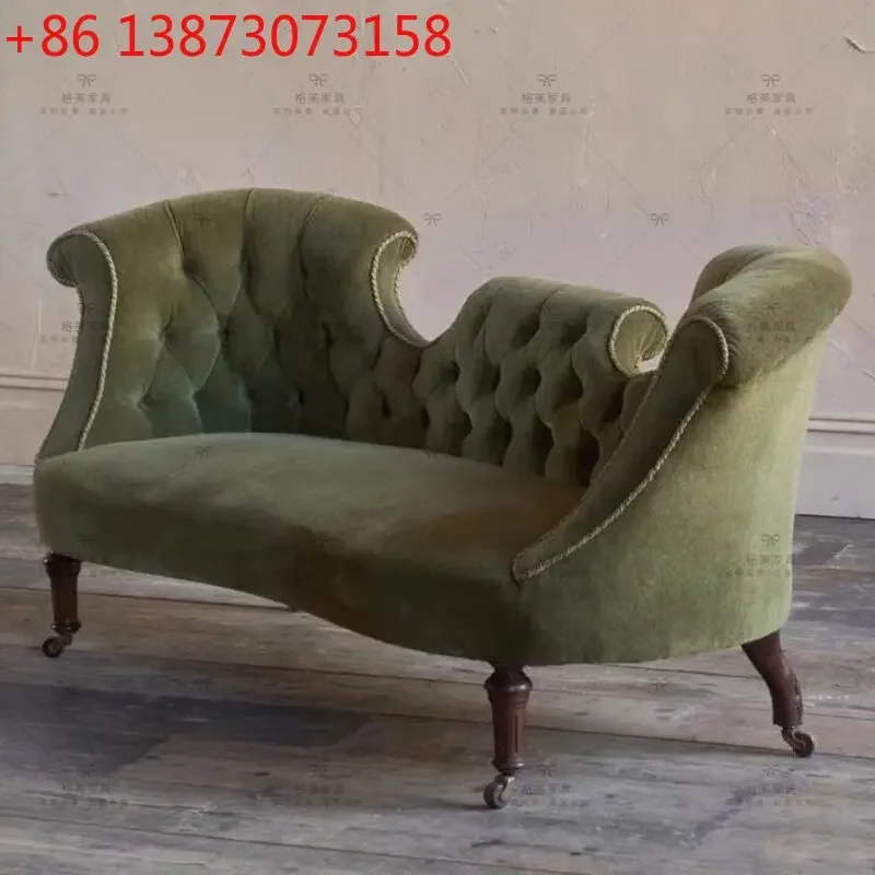Retro designer three-person buckle French solid wood medieval velvet bed and breakfast sofa
