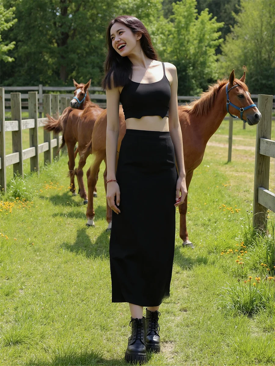 

Женские юбки обычного кроя, черные, изящные, тонкие, в корейском стиле, однотонные, до щиколотки, темпераментные, однотонные, простые, формальные, для поездок на работу