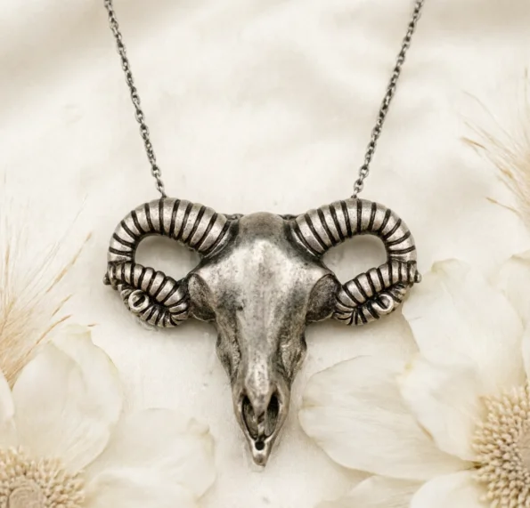 Gothic Rams Necklace Goat Head Skull Horn Pendant Skeleton Punk Goth Jewelry