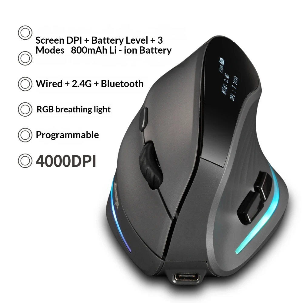 Master Holder Vertical Ergonomic Wireless Mouse 2.4G Wired Bluetooth Silent Programmable Rgb 4000Dpi Display Rechargeable Tri