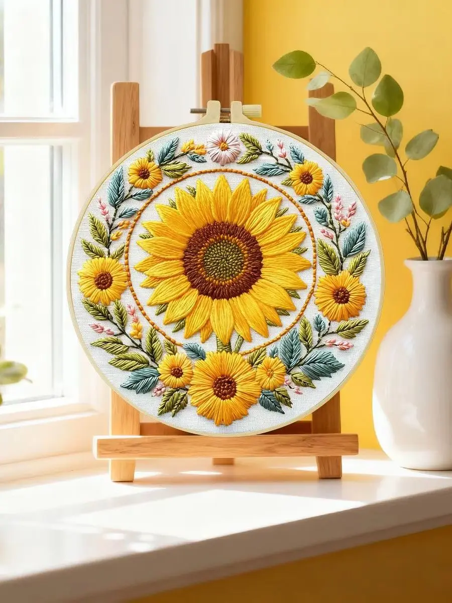 1 Stück 20X20CM/15X15CM 7,87/6,3 Zoll Sonnenblumen-Stickerei-Starter-Kit DIY-Kit DIY-Stickerei-Set Handarbeiten Malerei – Detail 6