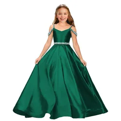 Elegant Satin Child Wedding Party Dresses Long Beaded Off Shoulder Birthday Flower Girl Dress Formal Evening Gowns for Girls