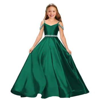 Vestidos de fiesta de boda elegantes de satén para niños, vestidos largos con cuentas y hombros descubiertos, vestido de niña de flores de cumpleaños, vestidos de noche formales para niñas