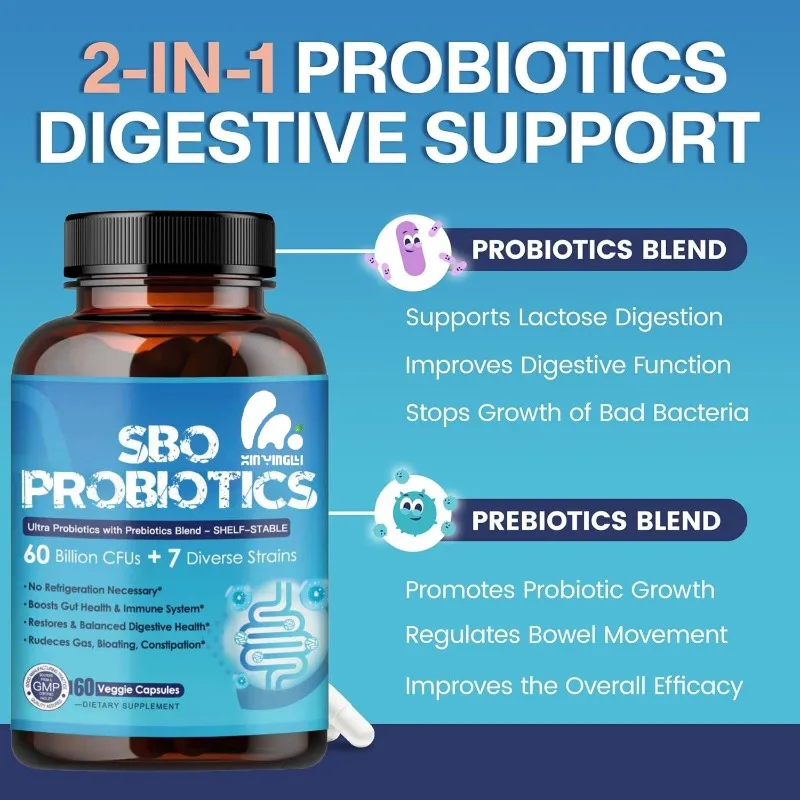 60 billion CFU probiotic capsules for contain prebiotics - promoting healthy digestion, bloating, and bloating in the intestines