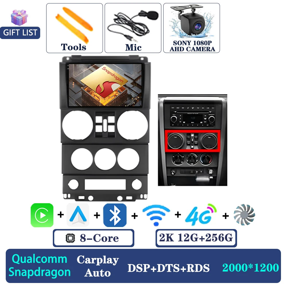 Android 16 autoradio voor Jeep Wrangler 3 JK 2008 - 2010 QLED multimediasysteem videospeler 2DIN Qualcomm 4G LTE 5G WIFI BT GPS