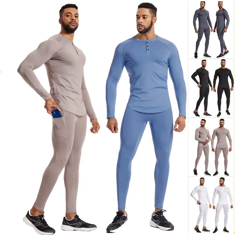 Men Football Sets Male Fitness Compression Basketball Running Exercise Skiing Sports Bottoming Long Top Tee + Legging Pants 8589